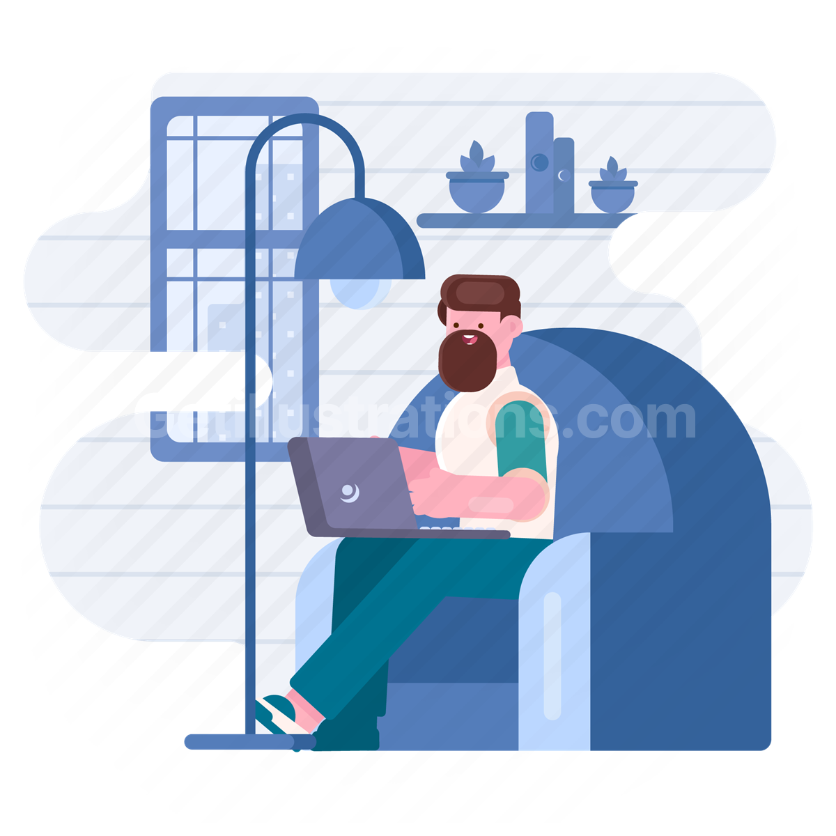 man, guy, person, chair, armchair, home, workspace, laptop, computer, people